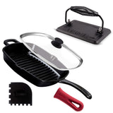 Cuisinel Cast Iron Grill Pan + Rectangular Cast Iron Grill Press + Tempered Glass Lid + Pan Scraper - Pre-Seasoned Ribbed Skille