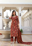 Gosriki Women'S Cotton Blend Printed Straight Kurta With Pant & Dupatta (Gla Maroon-Gs_M_Maroon_Medium),Maroon,,B0D181JGDP