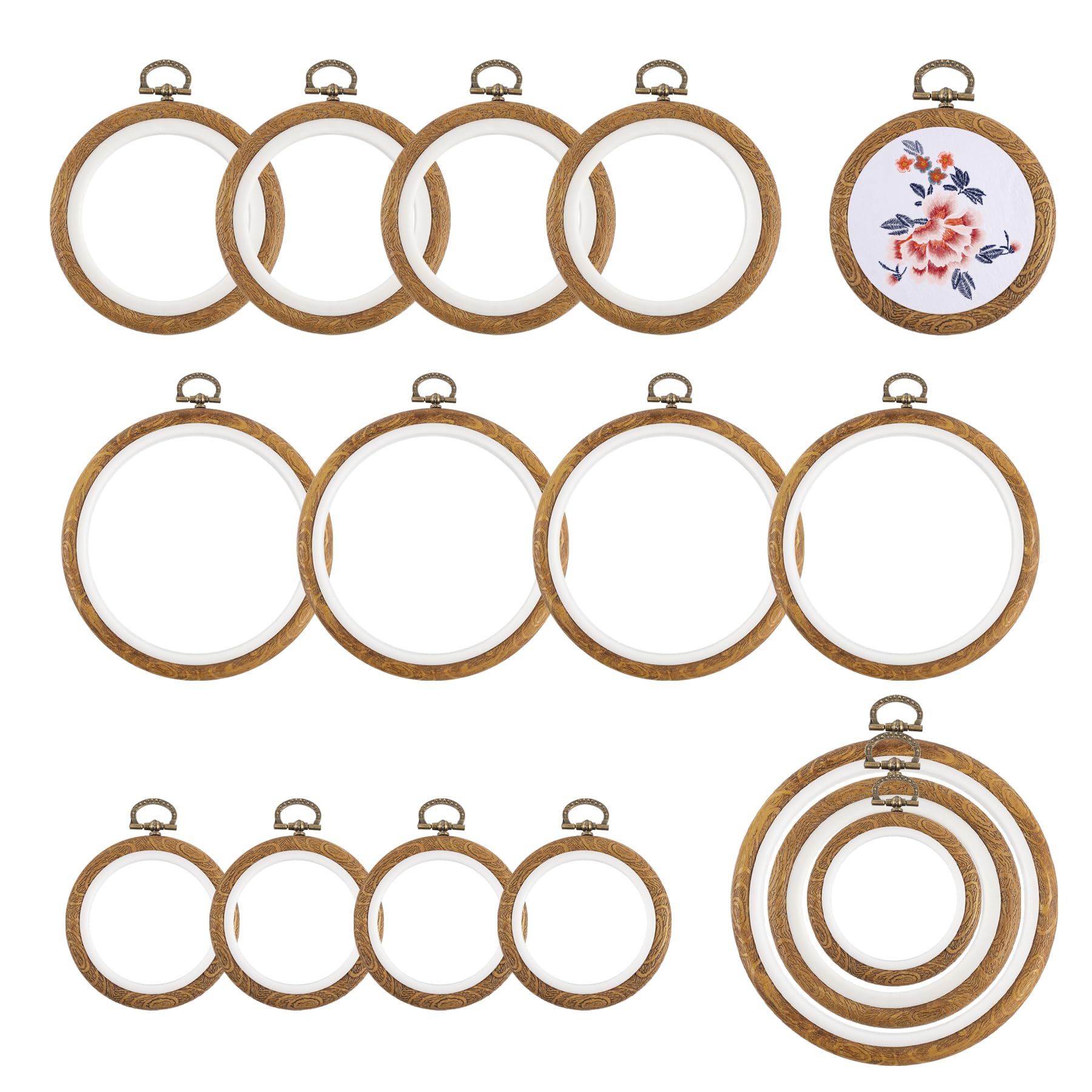 Framendino, 15 Pack Round Embroidery Hoops Imitated Wood Display Frame Circle Cross Stitch Ring for Hanging Ornaments (3 Sizes)