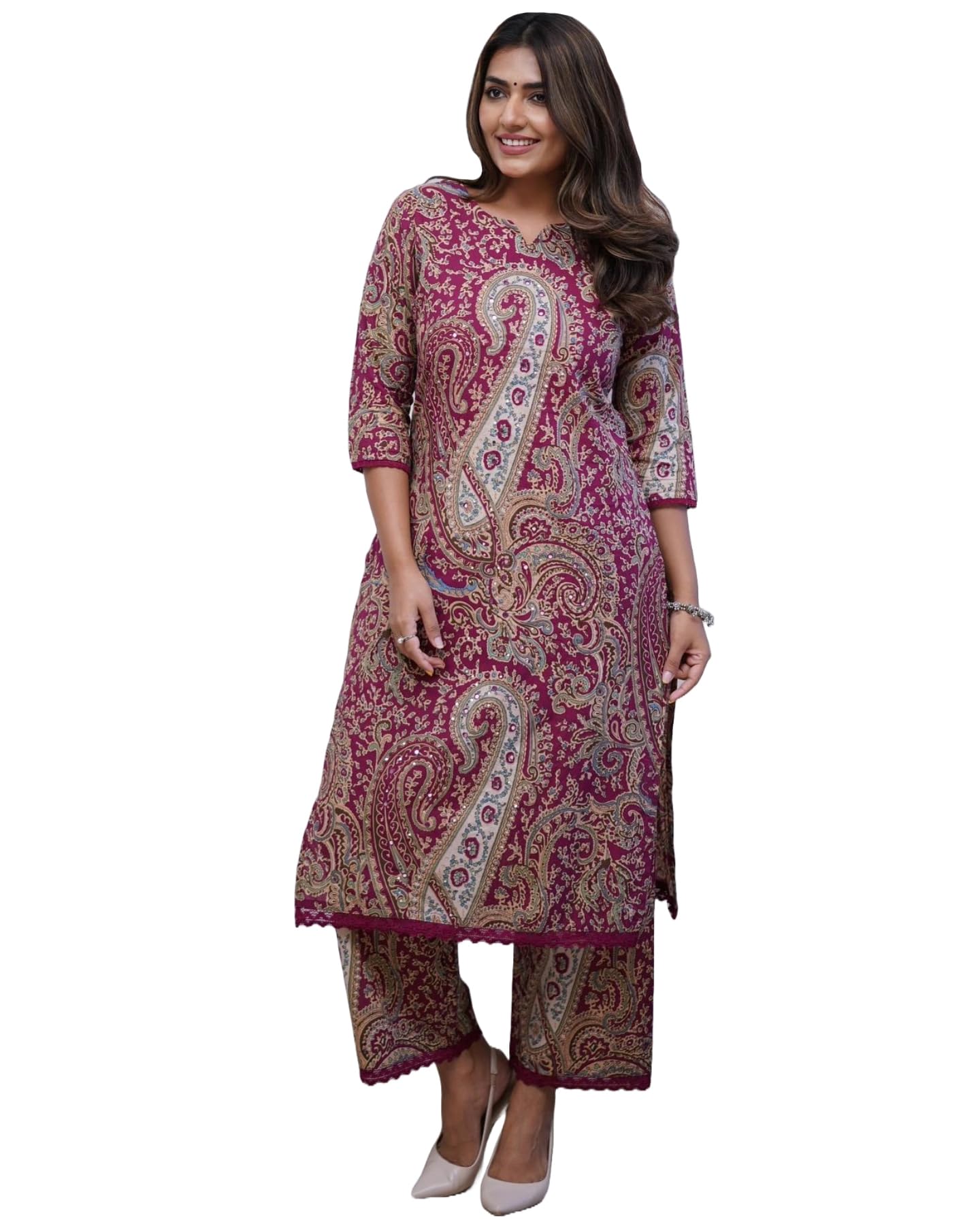 Anni Designer Women'S Rayon Viscose Straight Printed Kurta With Palazzo (Elevate Rani-Vks01_L_Pink_Large),Pink,L,,,
