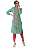 W For Woman Light Green Synthetic Geometric Printed Kurta with Glitter Detail