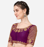 Vihu Fashion Women'S Silk Floral Half Sleeve Blouse (Mayur Pankh_Violet_38)