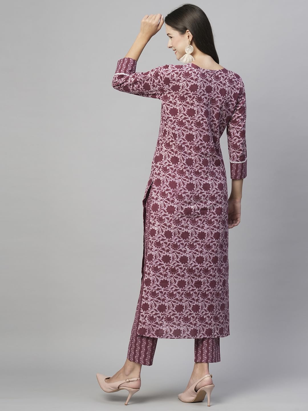Anni Designer Women'S Cotton Blend Straight Printed Kurta With Pant (Anusha Wine-Nw_M_Wine_Medium),Wine,M,Cotton Blend,Regular,Kurta & Pant Set