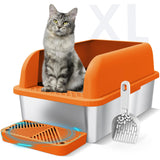 Enclosed Stainless Steel Litter Box with Lid Extra Large Litter Cat Box for Big Cats XL Metal Litter Pan Tray with High Sides En