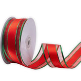 XMRIBBON Organza Edge Satin Ribbon Red Wired Ribbon with Green Metallic, 1-1/2 Inch X 25 Yards, for Christmas Home Decor, Gift W