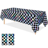 OQOQ Checkered Iridescent Tablecloth (2 Packs,Black&Silver), 54x108 Inches Laser Plastic Table Cover Disposable Table Cloth Birt
