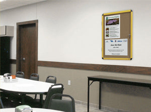 Industrial Cork Bulletin Enclosed Board Cabinet, Single Swing Door, Yellow Aluminum Frame, 28 X 38.25,