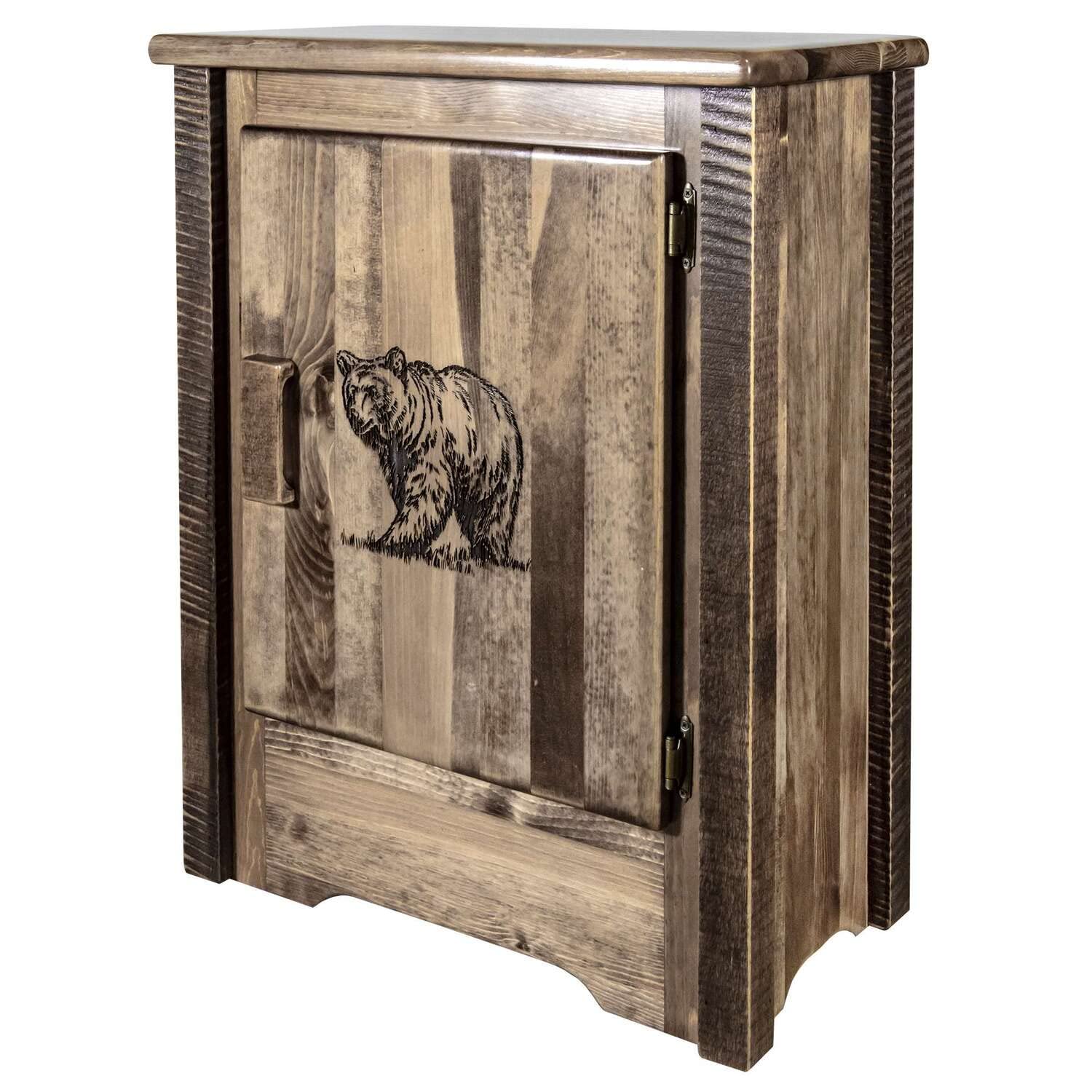 Montana Woodworks Homestead Collection Accent Cabinet With Laser Engraved Bear Design, Right Hinged, Stain & Clear, Stained & Cl