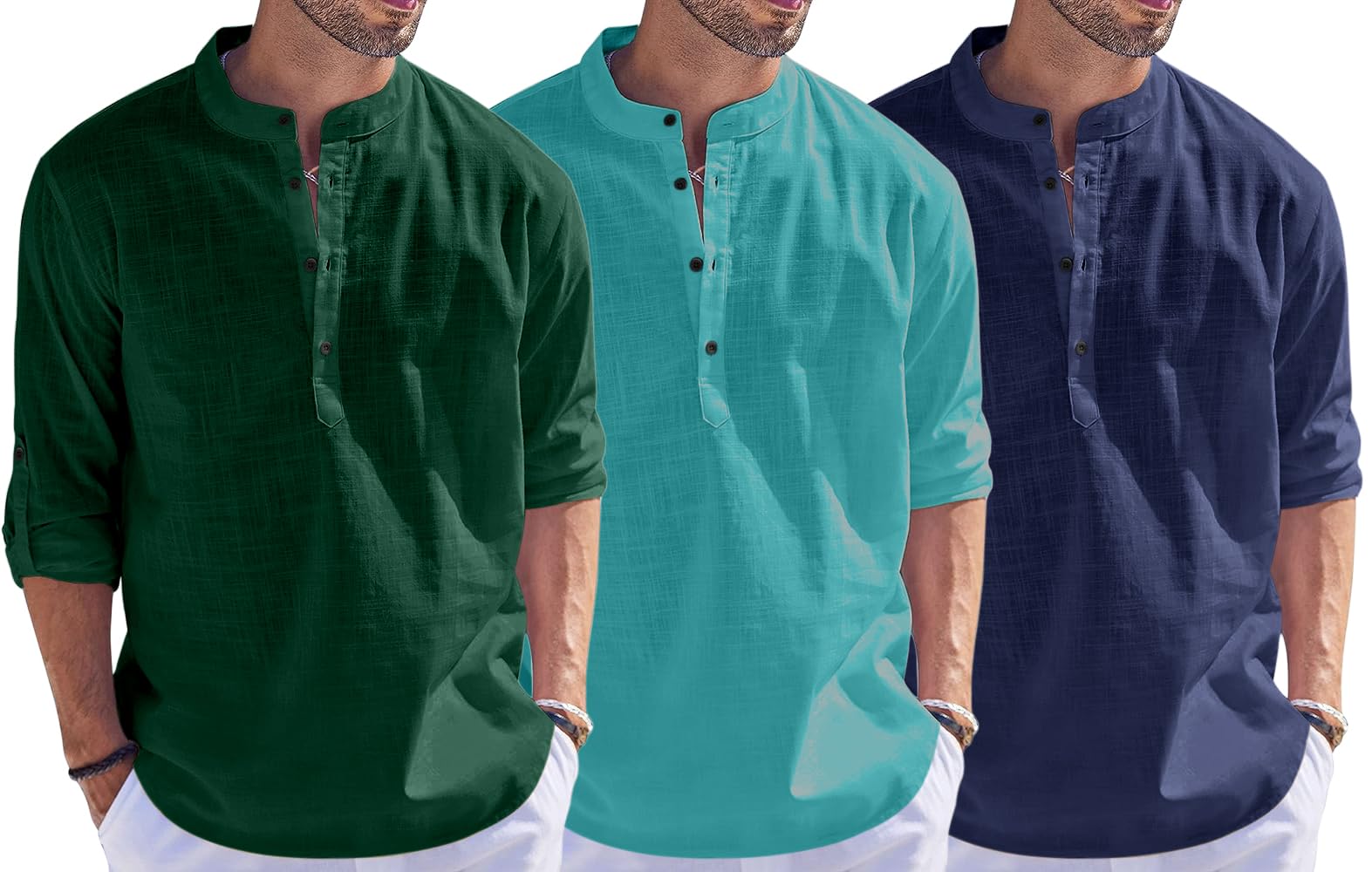 Bellstone Men'S Cotton Blend Solid Regular Dress Shirt (1500_3Combo_Darkgreen-Rama-Navy_L