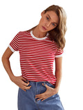 Toplot Stripe Printed Short Sleeve Regular Fit Top For Women (Top-5142-Red-L),Red,,B0CHQDSCPS