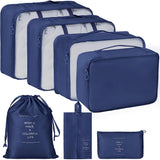 Nareval 7In1 Nylon Travel Organizer Set Luggage Packing Cubes With Laundry Bag, Makeup Organizer & Shoe Pouch (Navy Blue)