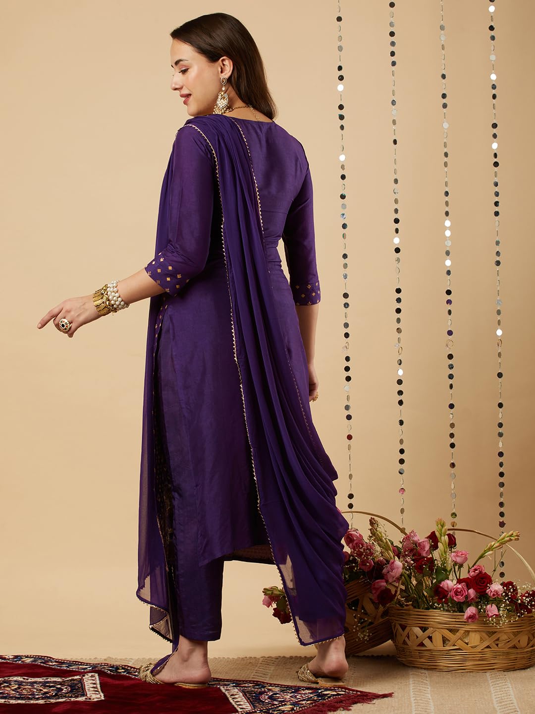 Gosriki Women'S Cotton Blend Straight Printed Kurta With Pant & Dupatta (Zaklina Purple-Nw-Gs_Xxl_Purple_Xx-Large),Purple,2,B0CJ38MTTH