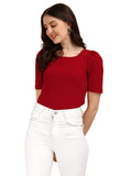 Wedani Women'S Casual Solid Top With Regular Puff Sleeves Western Top (Medium Maroon),Maroon,M