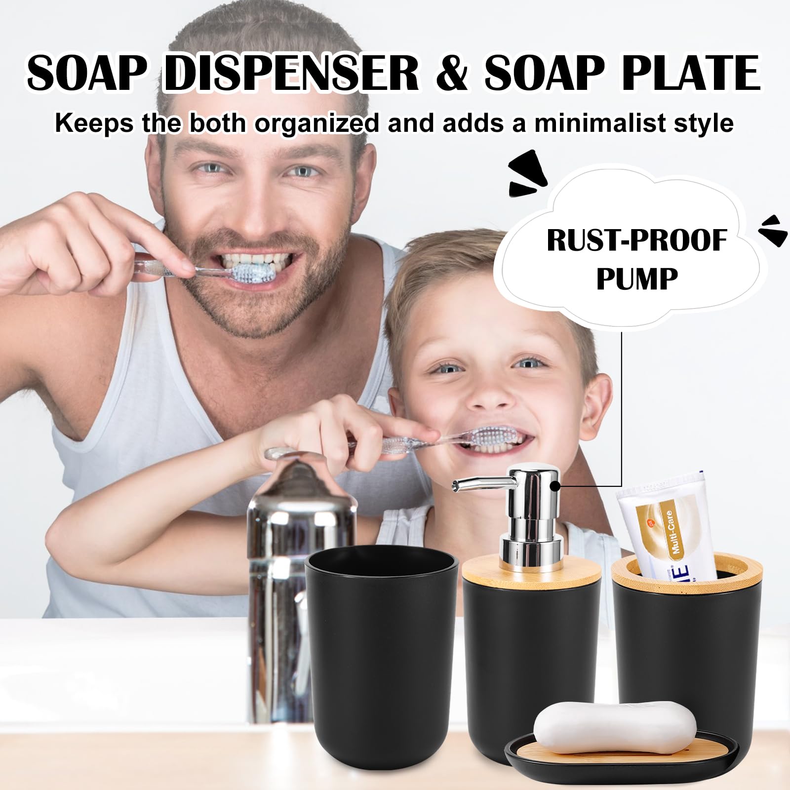 iMucci Bathroom Accessories Set with Trash Can,Toothbrush Holder, Lotion Soap Dispenser, Soap Dish,Tumbler Cup(9Pcs Black Bamboo