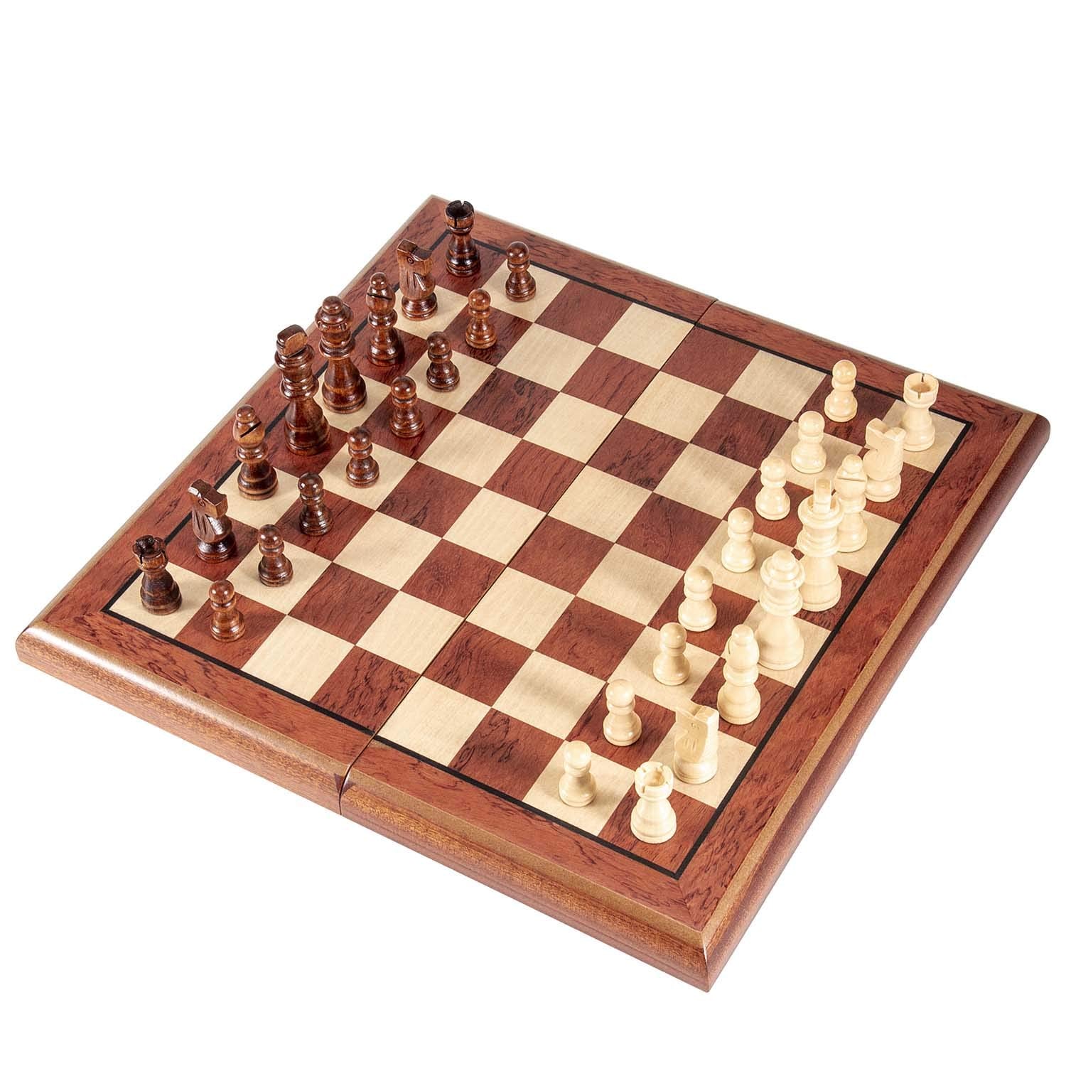 AMEROUS 15'' Magnetic Wooden Chess Set -Folding Board -2 Extra Queens -Chessmen Storage Slots -Gift Package, Travel Chess Board
