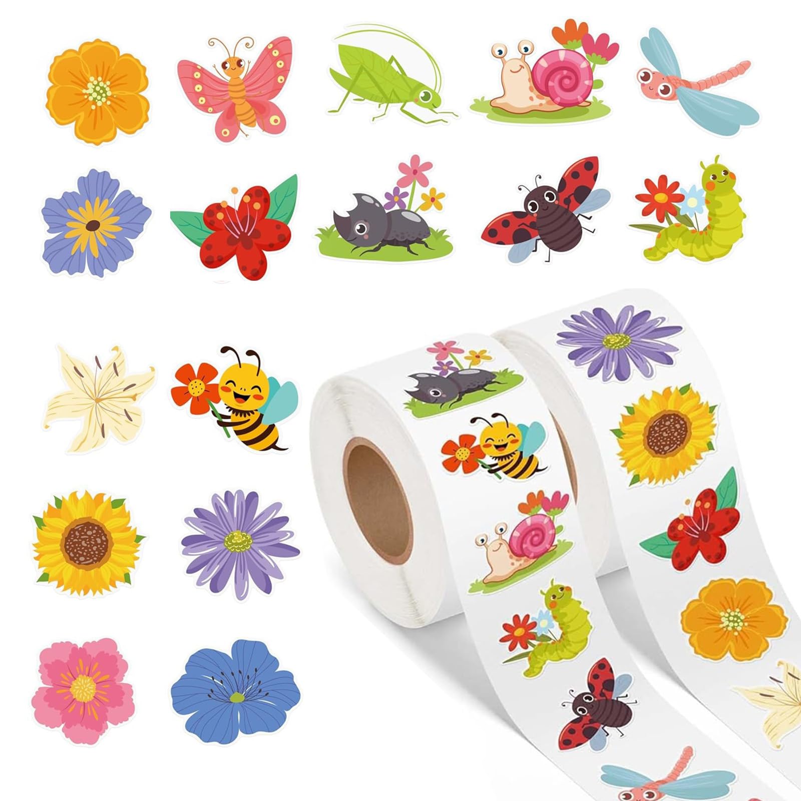 2 Rolls Spring Stickers for Kids, 1000PCS Summer Flowers Butterfly Insect Colorful for Envelopes Gifts Decor Reward Sticker in 1