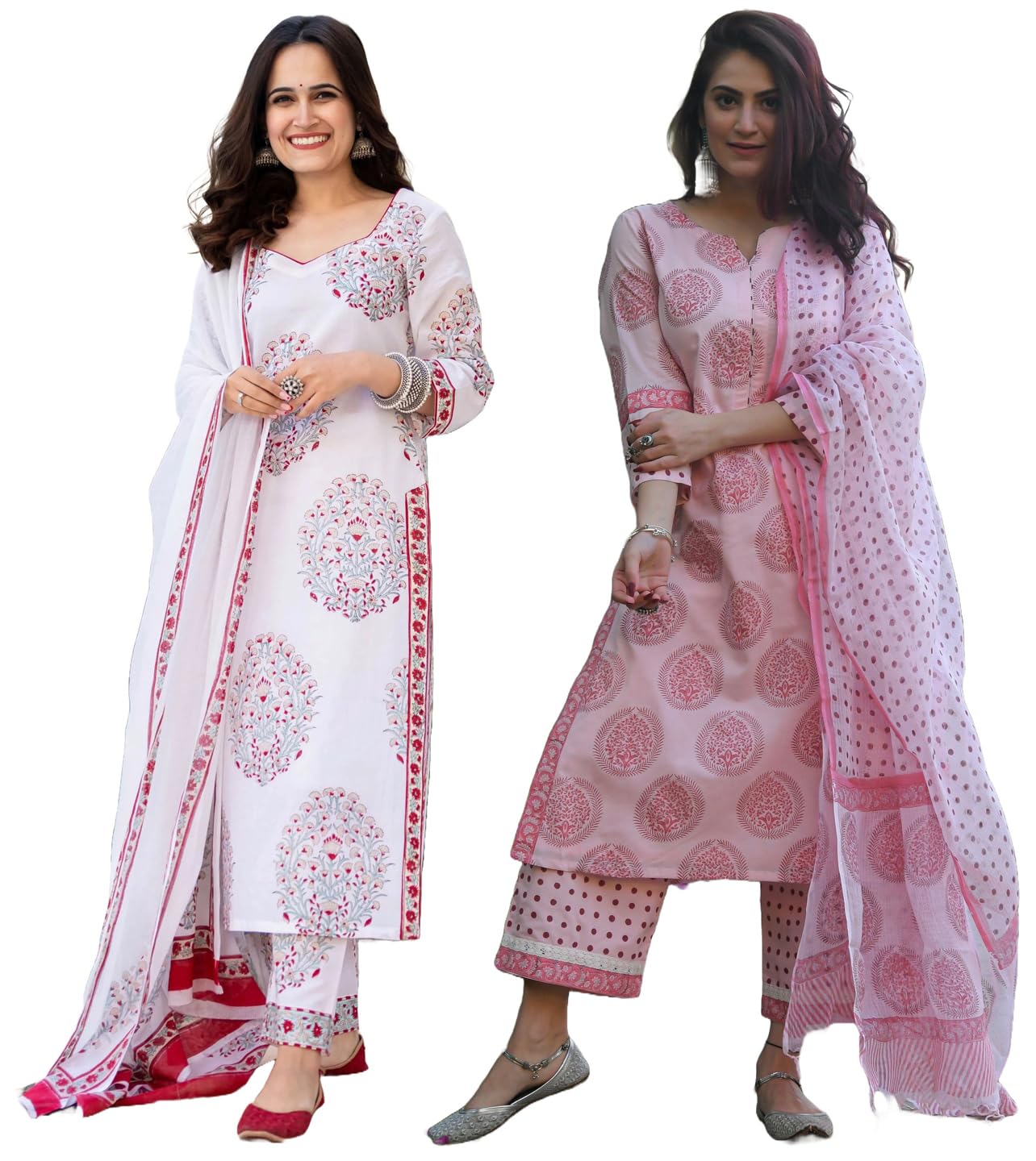 Anni Designer Women'S Cotton Blend Printed Straight Kurta With Pant & Dupatta Pack Of 2 (Combo-Cup-Off White-Chhapa-Pink_M_Multi_Medium),Multicolour,M