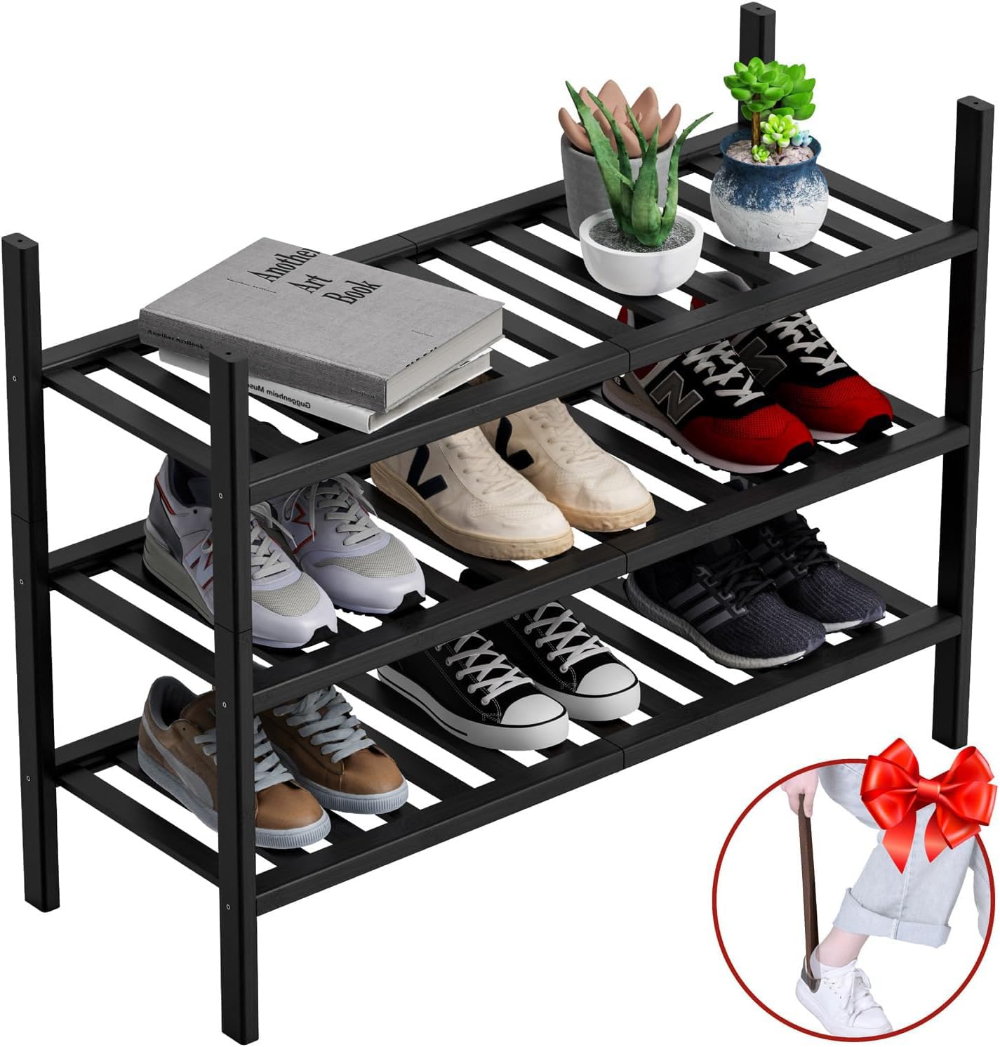 VOPOG Shoe Rack, 3-Tier Bamboo Shoe Rack for Front Door Entrance with Shoe Horn, Stackable Shoe Rack Organizer Shoe Shelf for En