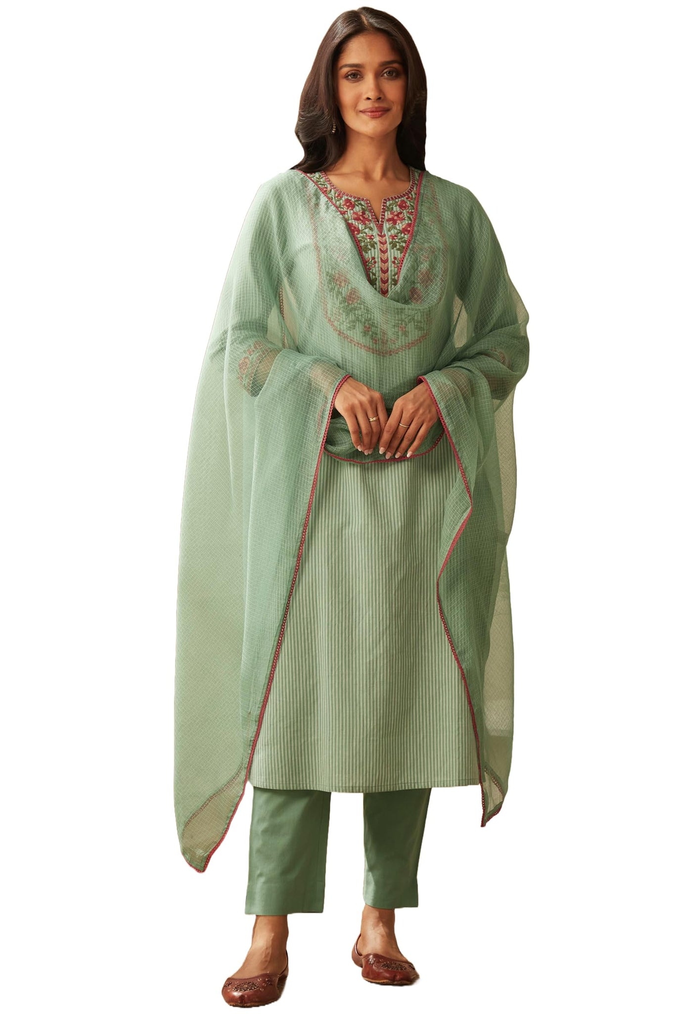 Gosriki Women'S Cotton Blend Embroidered Straight Kurta With Pant & Dupatta (Farigup-Green-Nw-Gs_S_Green_Small),Green,,B0D1XZ7KQ5