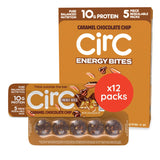 CirC Energy Bites - 12 Pack Caramel Chocolate Chip Gluten Free Protein Balls - 10g Protein, Whole Grains, Nuts & Fruit - Portabl