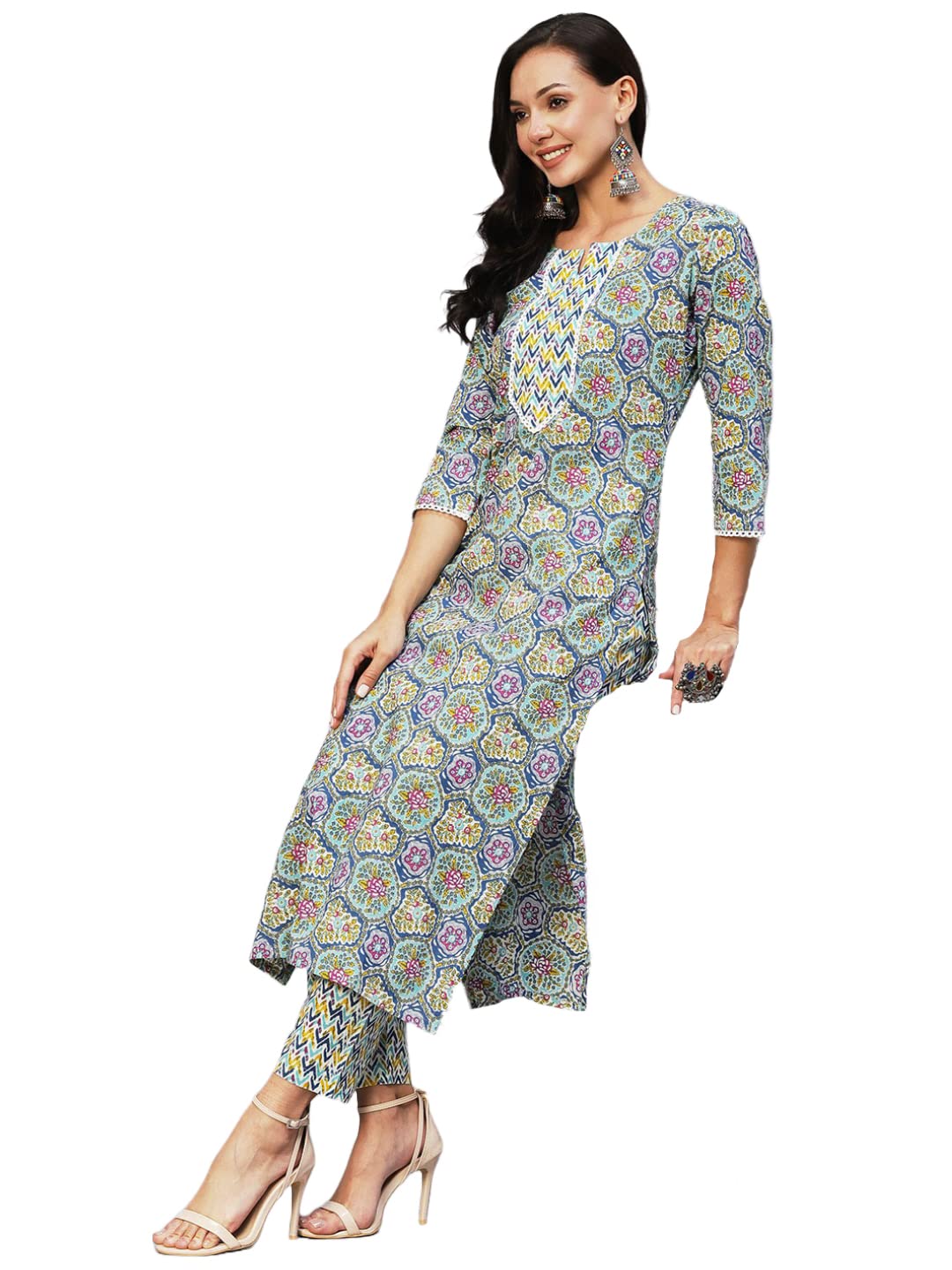 Gosriki Women'S Cotton Blend Printed Straight Kurta With Pant (Guru Blue-Gs_M_Blue_Medium),Blue,,B0C2PHLN1M