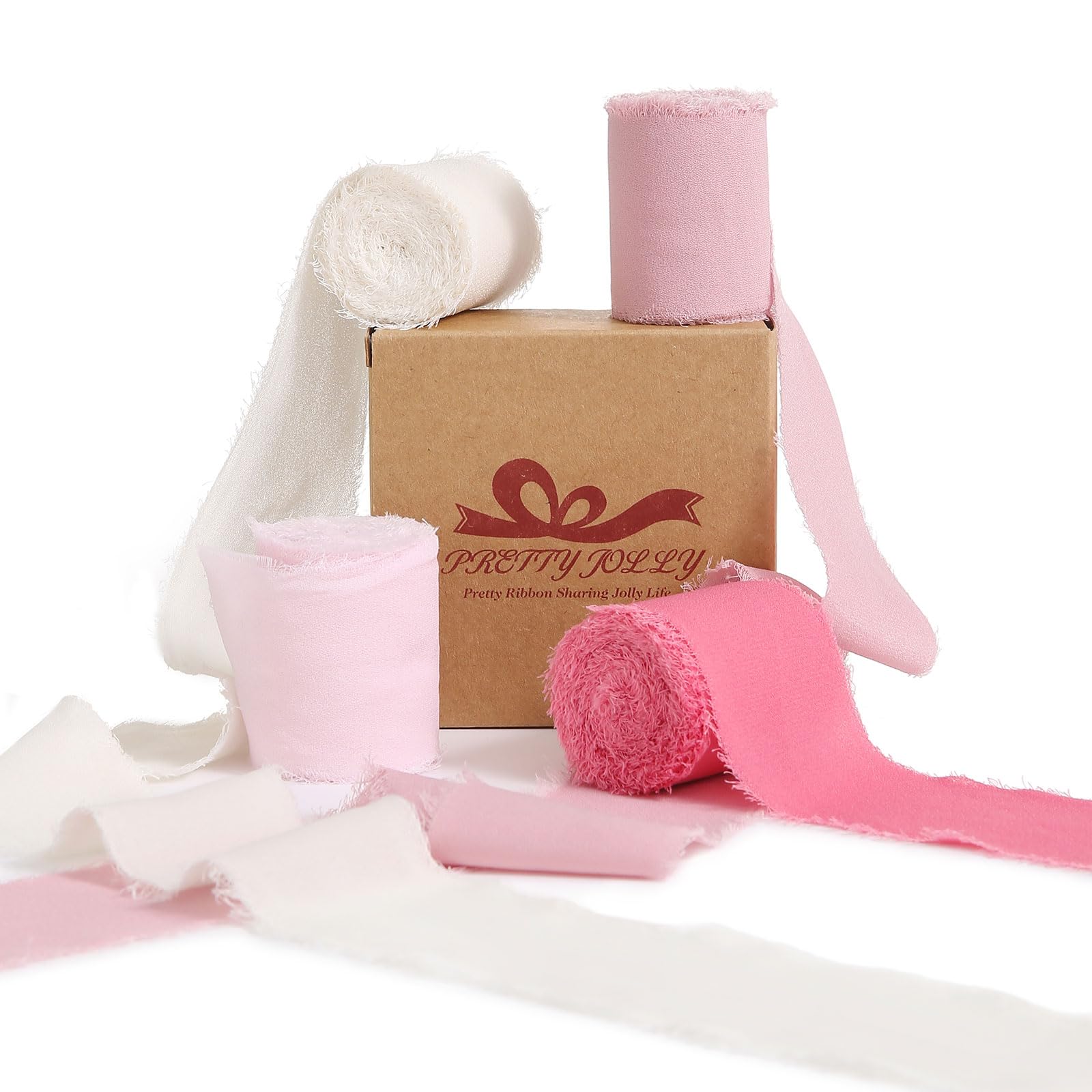 Pretty Jolly Pink Set Chiffon Ribbon for Gift Wrapping 4 Rolls 2 Inch x 5Yd Silk Ribbons Handmade Fringe Fabric Ribbon for Flowe