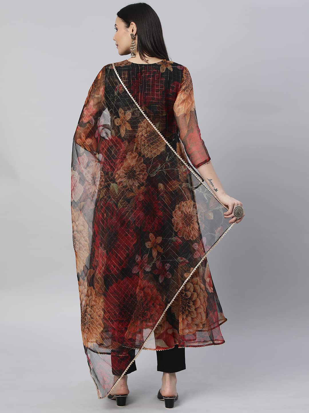 Anni Designer Women'S Georgette Anarkali Floral Printed Kurta With Pant & Dupatta (Mrp-Black_L_Black_Large),Black,L,Georgette,Anarkali,Dupatta