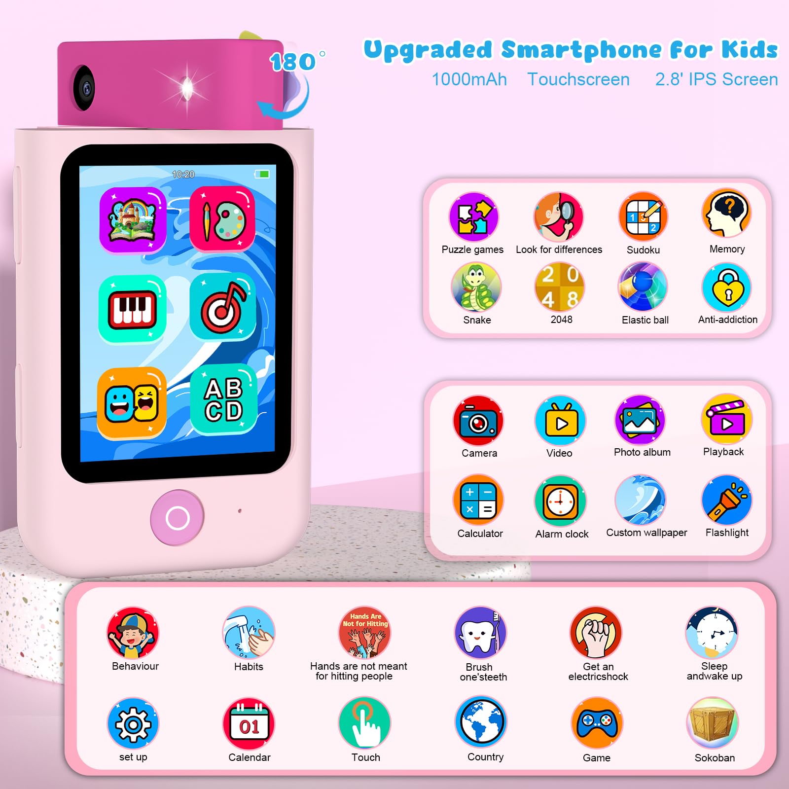 Makolle Kids Smart Phone for Girls Christmas Birthday Gifts Age 3-10 2.8'Touchscreen Toddler Learning Toy Story Phones for Kids
