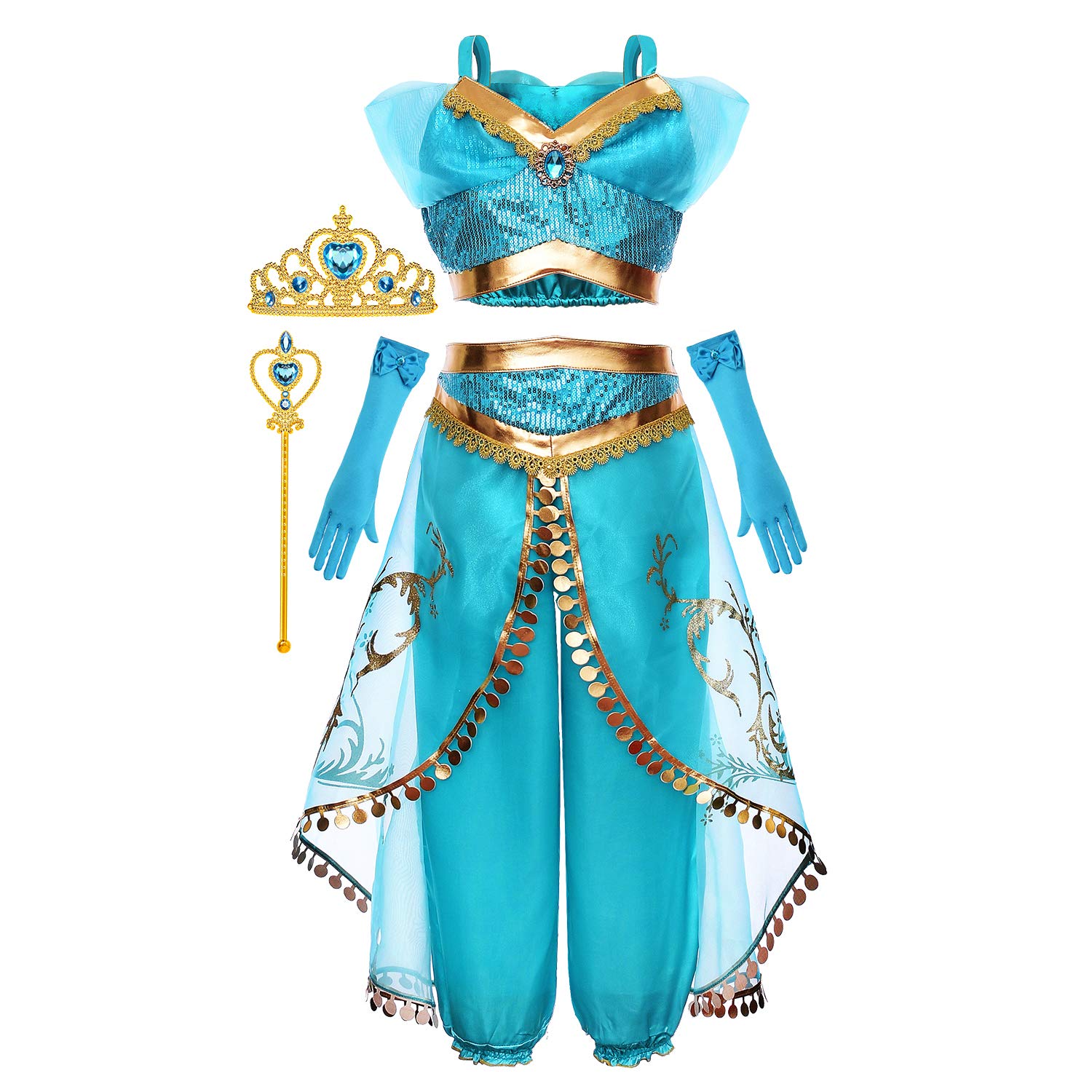 Princess Jasmine Costume Dress Up Clothes Fancy Sequined Arabian Outfit Attire with Tiara Wand Gloves Accessories Set for Little