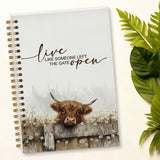 MOWITGBE Highland Cows Spiral Notebook, Motivational Gifts for Cow Lover Women Men, Live Like Someone Left the Gate Open, 5.8x8.