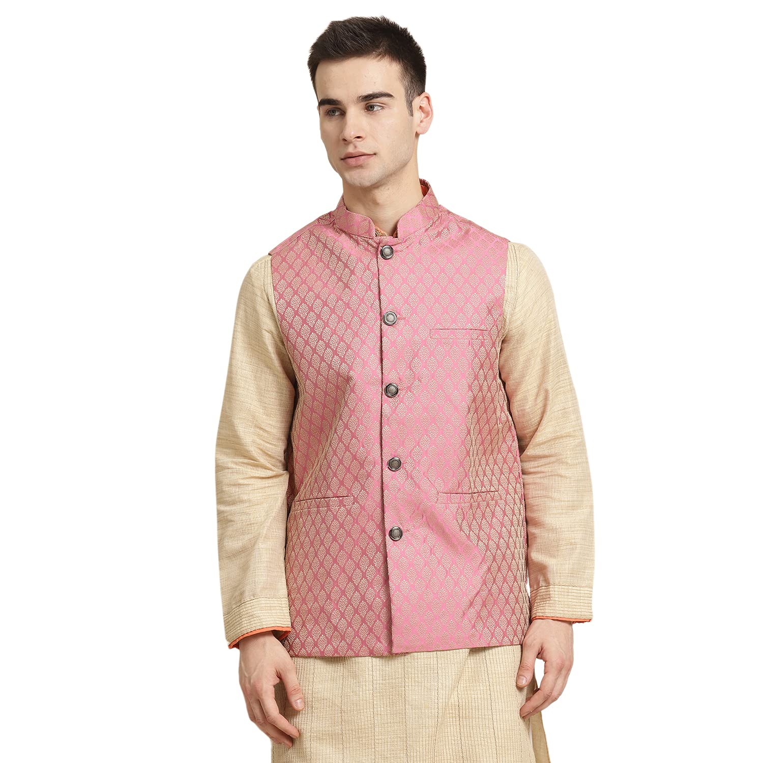Sojanya (Since 1958, Men'S Jacquard Silk Pink Self Design Only Nehrujacket, Size: 36