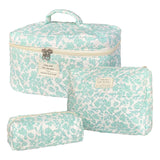 WYJ Green Large Quilted Floral Makeup Bag Set of 3 Cute Coquette Aesthetic Cosmetic Bag Set Travel Toiletry Bag for Women