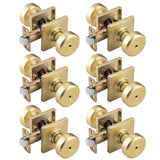 NCSEN 6 Pack Gold Interior Door Knobs for Bath & Bed, Pismo Doorknob Turn Lock with Square Rosette, Satin Brass Heavy Duty Door 