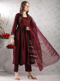 Anni Designer Women'S Rayon Blend Anarkali Solid Kurta With Pant & Dupatta (Jaynti Wine-Vks03_M_Wine_Medium),Wine,M,,,