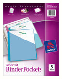 Avery Binder Pockets for 3 Ring Binders, Assorted (Blue, Clear, Green, Pink and Yellow), Pack of 5 Binder Pockets (75244)