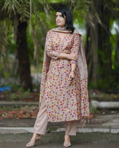 Gosriki Women'S Rayon Blend Straight Printed Kurta With Pant & Dupatta (Gojibery Beige-Gs_M_Beige_Medium),Beige,,B0DFCGRSGV