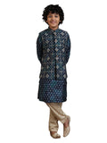 Manyavar Teal Blue Blended Viscose Foil Print Kurta Jacket Pyjama Set for Child
