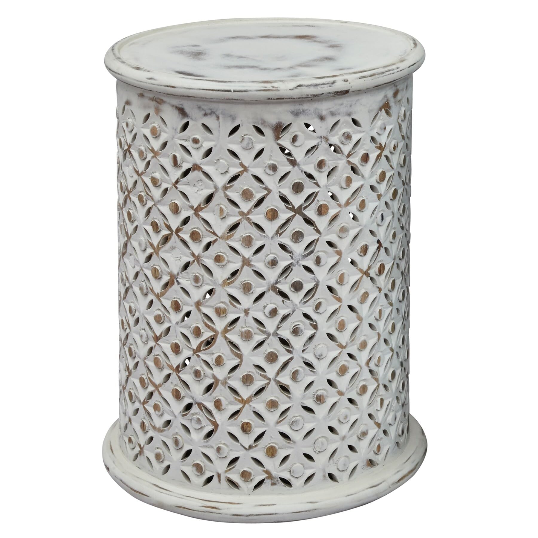 Jofran Inc. Decker Distressed Hardwood Global Drum End Table, Antique White, Large 23