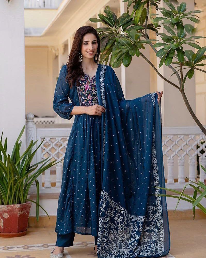 Anni Designer Women'S Rayon Viscose Embroidered Anarkali Kurta With Pant & Dupatta (Kanota Kerosin-Vks06_Xl_Dark Blue_X-Large),Dark Blue,XL,,,