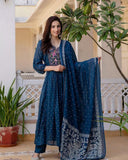 Gosriki Women'S Rayon Viscose Embroidered Anarkali Kurta With Pant & Dupatta (Kanota Kerosin-Vks06-Gs_L_Dark Blue_Large),Dark Blue,,B0DV4FPRHD