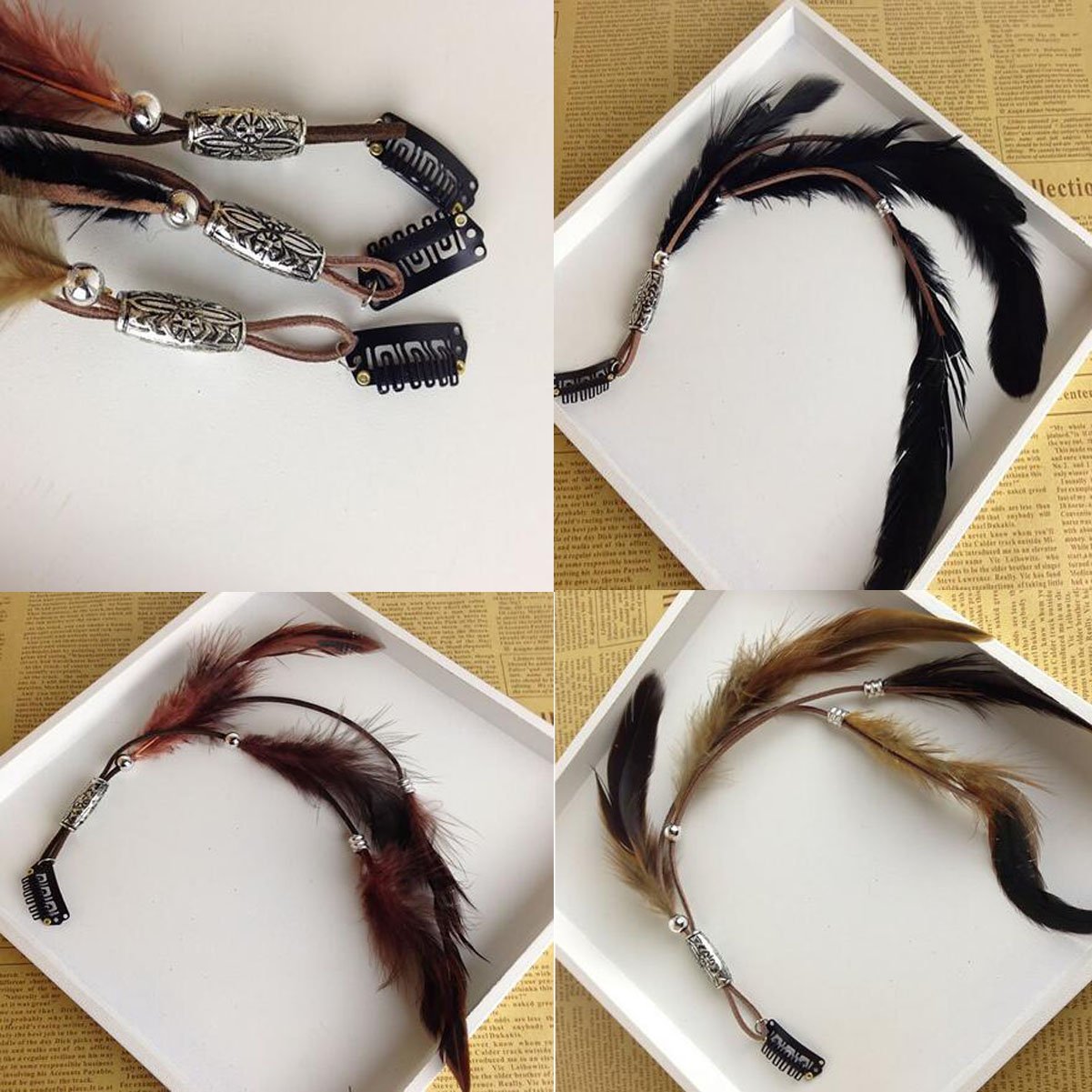 Numblartd 3 Pcs Handmade Boho Feather Clip Comb Hair Extensions - Women Lady Hippie Headdress Hairpin for Hair DIY Accessories