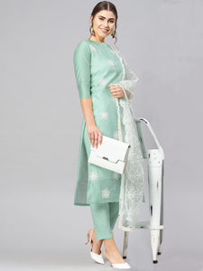 Anni Designer Women'S Ruby Cotton Straight Embroidery Kurti With Pant & Dupatta Set,Light Green,XL,Cotton,WHITE-SHOW-Light Green-Nw_125,