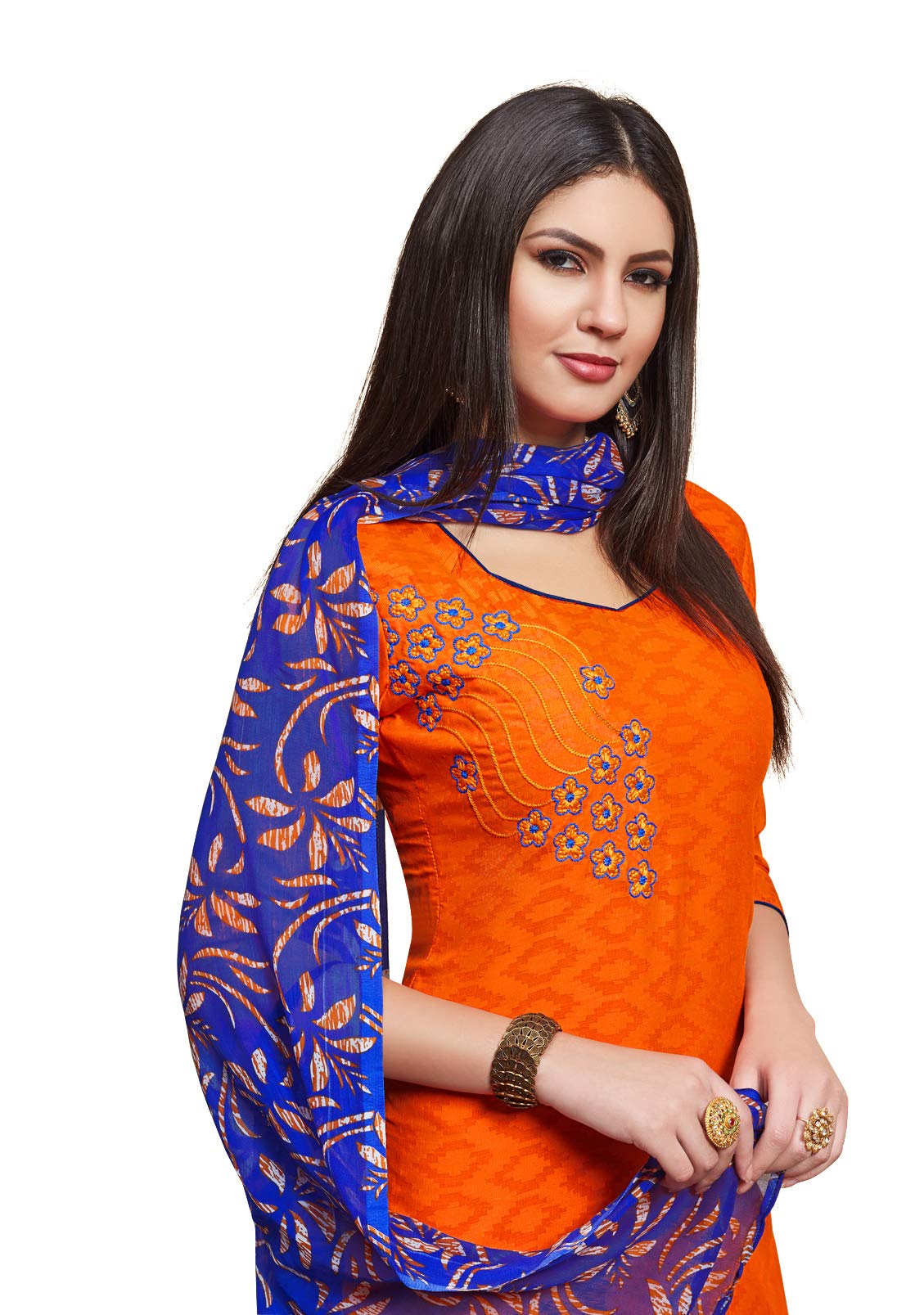 Anni Designer Women'S Orange Color Cotton Blend Embroidered Printed Dupatta Churidar Dress Material(Divyanshi 2 2013 Gangour_Orange_Free Size),Orange,FS,Cotton Blend,Dress Material,