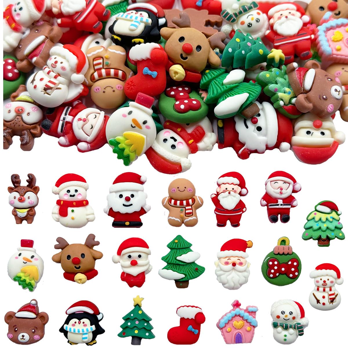 LOPURO Christmas Resin Charms, 40Pcs Resin Flatback Assorted Button Santa Snowman Tree Bell Deer Cartoon Embellishments Supplies