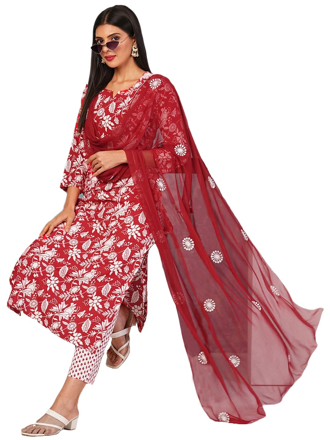 Gosriki Women'S Cotton Blend Straight Printed Kurta With Pant & Dupatta (Mei Red-Nd-Gs_3Xl_Red_Xxx-Large),Red,3,B0D4J7NJTH