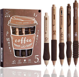 Shuttle Art Coffee Theme Ball Pen Set of 5 | Black Ink 0.5mm Fine Tip Smooth Writing Pens | Soft Grip Cute Aesthetic Pens for Sc