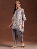 Libas Womens Printed Silk Blend A-Line Kurta With Dhoti Pant Grey M