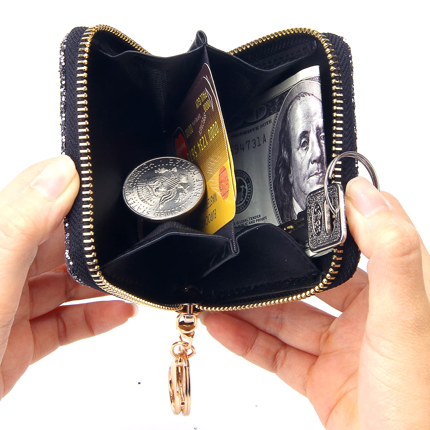 GEEAD Small Glitter Wallet for Women Mini Coin Purse Pouches with Key Ring for Christmas