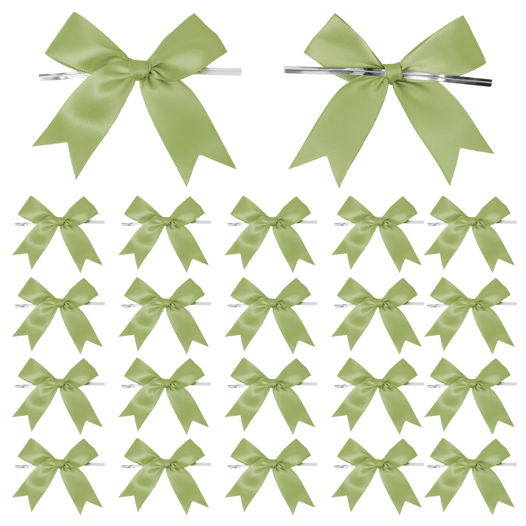 50 Counts Sage Green Twist Tie Bows 3.1 Pre-Tied Satin Ribbon Bow Decor Mini Twist Tie Bows for Gift Wrapping Treat Bags Cake Br