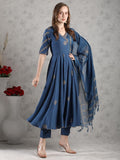 Anni Designer Women'S Rayon Blend Anarkali Printed Kurta With Pant & Dupatta (Berlin Kerosin-Vks04_Xl_Dark Blue_X-Large),Dark Blue,XL,,,